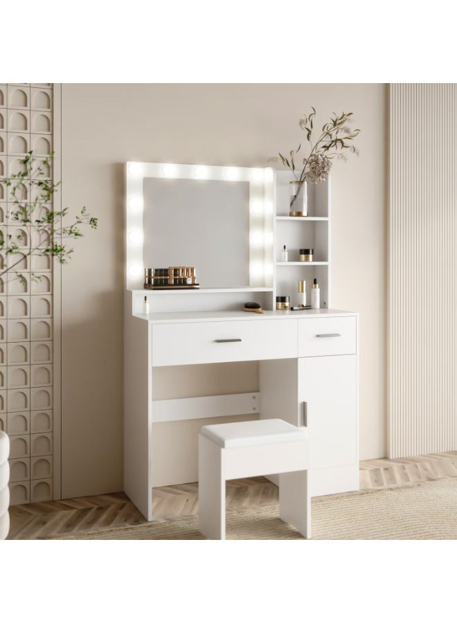 Organized Home Vanity Table with Lighted Mirror and Stool White Makeup Desk with Storage Shelves Cabinet and Drawers - Image 2